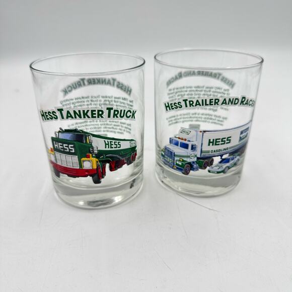 Vintage 90s Hess Truck Glasses Tanker Trailer and Racer Highball Glasses - Picture 2 of 8